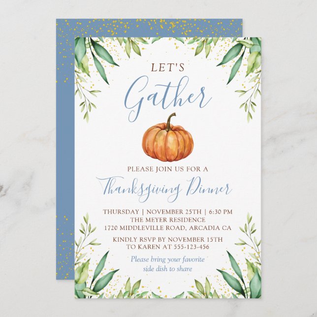 Dusty Blue Autumn Pumpkin Thanksgiving Dinner Invitation (Front/Back)