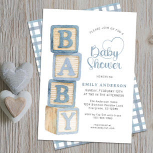 Dusty Blue Baby Blocks Baby Shower Cottage Gingham Invitation