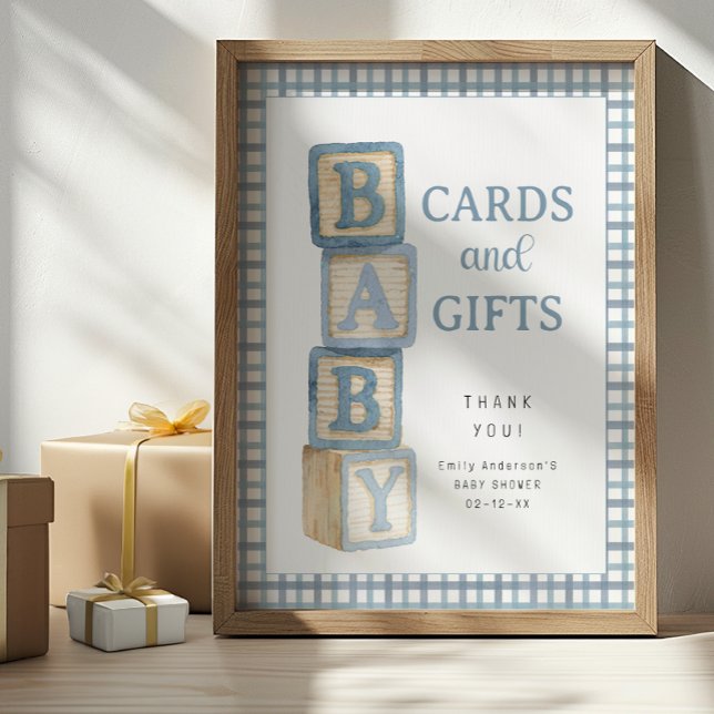 Dusty Blue Baby Blocks Cards and Gifts Baby Shower Poster (Baby Shower Sign)