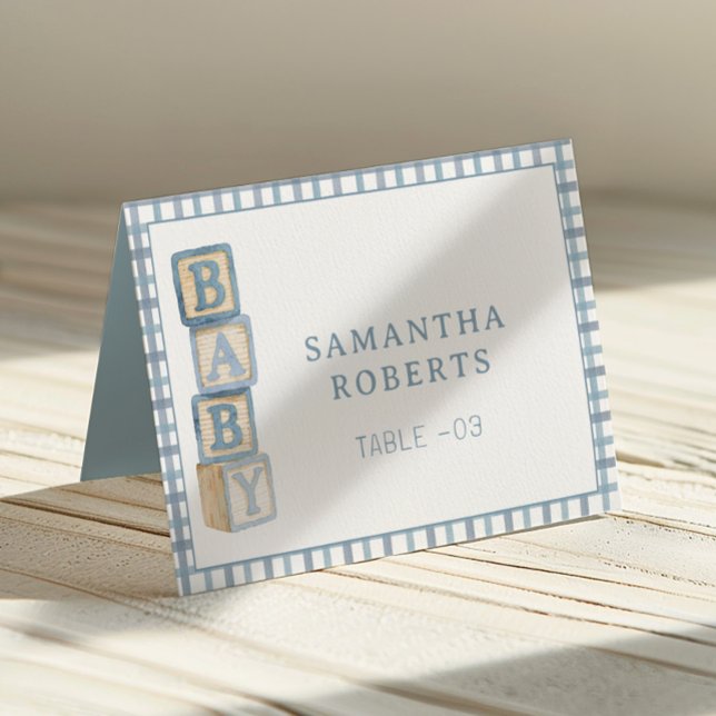 Dusty Blue Baby Blocks Editable Tent Cards  (Baby Shower Table Number)