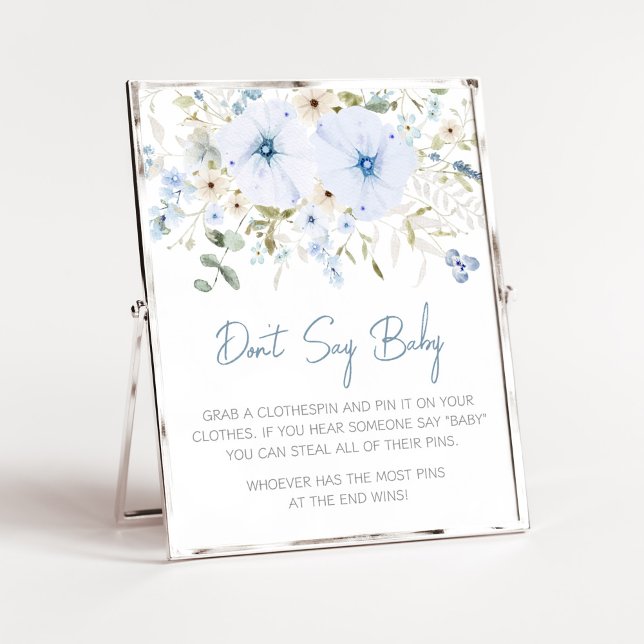 Dusty Blue Baby Bloom Baby Shower Don't Say Baby Poster (Boy Spring Flowers Baby Shower Don't Say Baby Sign)