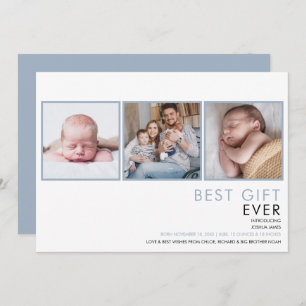 Dusty Blue Baby Boy 3 Photo Birth Announcement