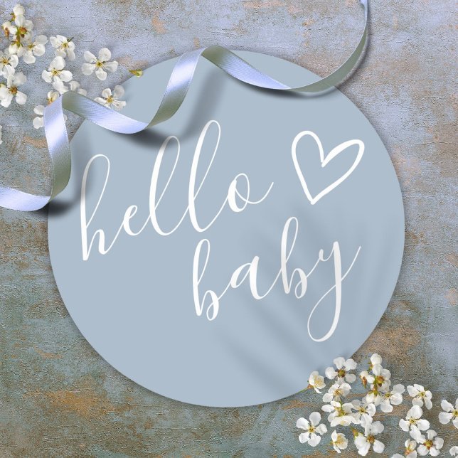 Dusty Blue Baby Boy Hello Baby Shower Classic Round Sticker (Dusty Blue Baby Boy Hello Baby Shower Classic Round Sticker)