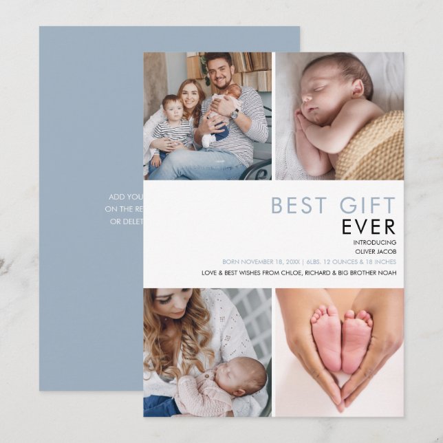 Dusty Blue Baby Boy Modern 4 Photo Birth  Announcement (Front/Back)