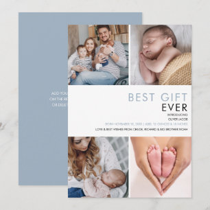 Dusty Blue Baby Boy Modern 4 Photo Birth Announcement