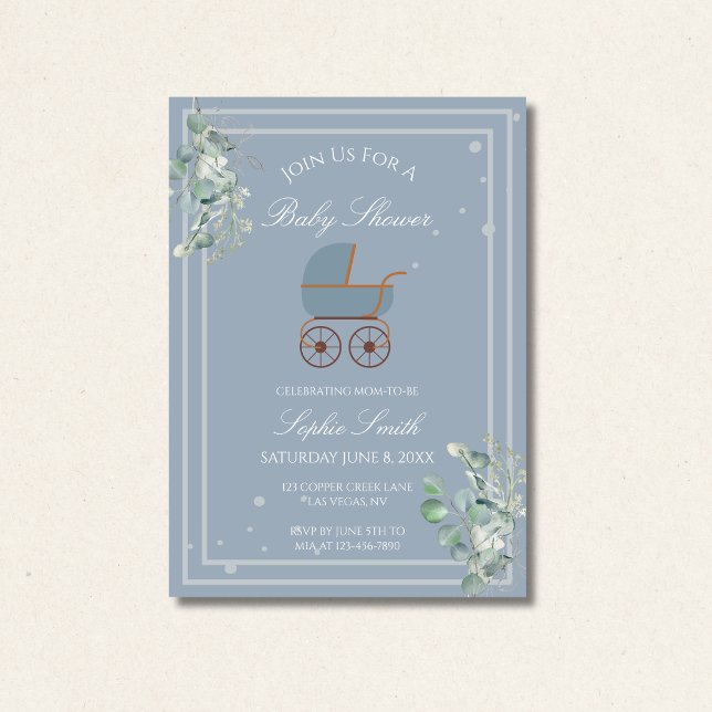 Dusty Blue Baby Carriage Baby Shower Invitation (Creator Uploaded)