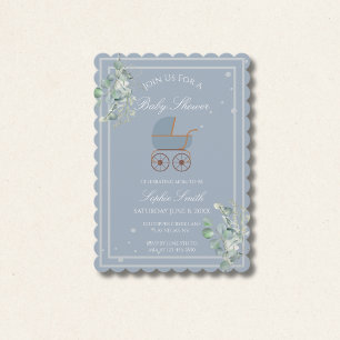 Dusty Blue Baby Carriage Baby Shower Scalloped Invitation