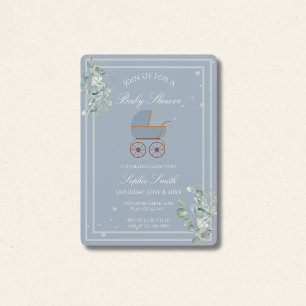 Dusty Blue Baby Carriage Eucalyptus Baby Shower Invitation