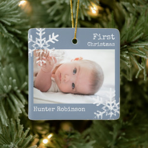 Dusty Blue Baby First Christmas Photo Snowflake Ceramic Ornament