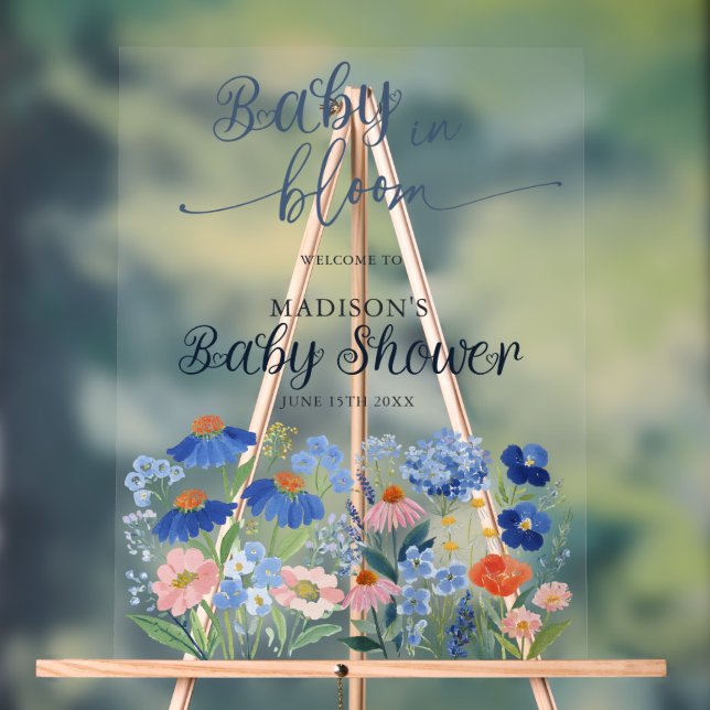Dusty Blue Baby in Bloom Baby Shower Welcome  Acrylic Sign (Neutral)
