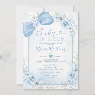 Dusty Blue Baby In Bloom Floral Bow Baby Shower Invitation