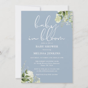 Dusty Blue Baby In Bloom Greenery Baby Shower Invitation