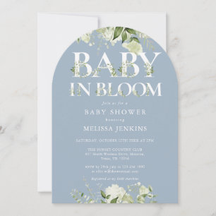 Dusty Blue Baby In Bloom Greenery Baby Shower Invitation