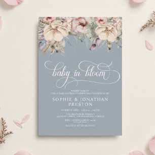 Dusty Blue Baby In Bloom QR Floral Baby Shower Invitation