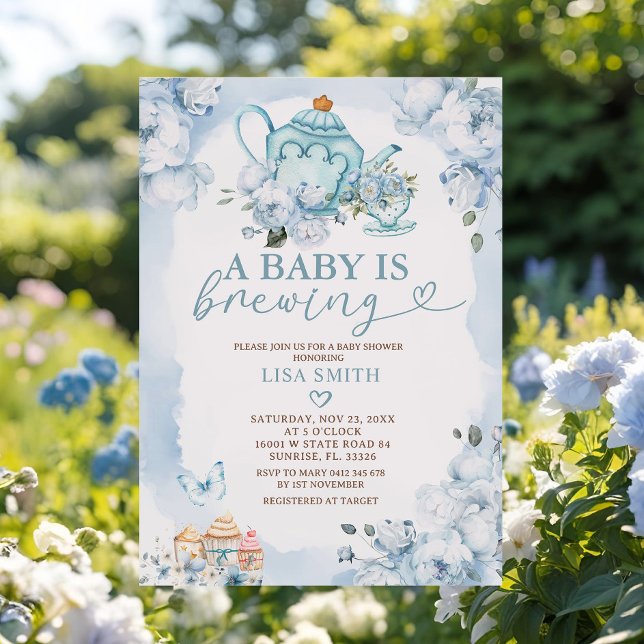 Dusty Blue Baby Is Brewing Floral Baby Shower Invitation (Creator Uploaded)