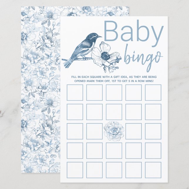 Dusty Blue Baby Shower Bingo Game Card Floral (Front/Back)