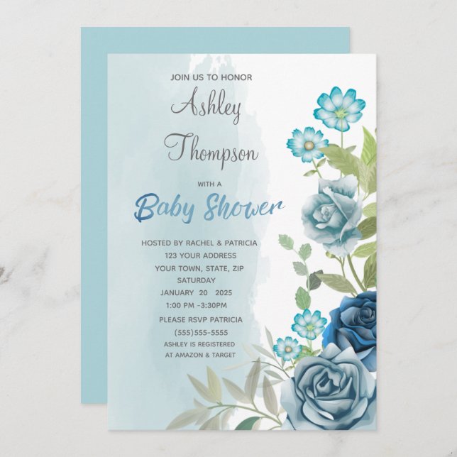 Dusty Blue Baby Shower Floral Watercolor Invitation (Front/Back)