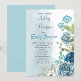 Dusty Blue Baby Shower Floral Watercolor Invitation