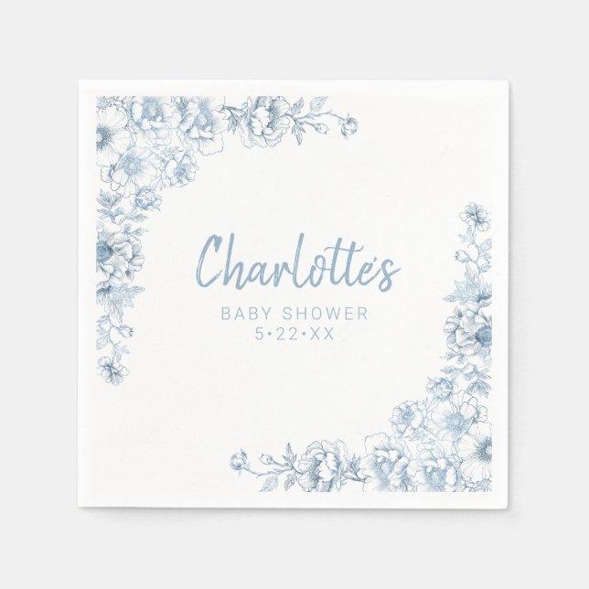 Dusty Blue Baby Shower Napkins Floral Chinoiserie (Front)