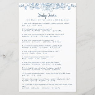 Dusty Blue Baby Trivia Baby Shower Game Sheet 