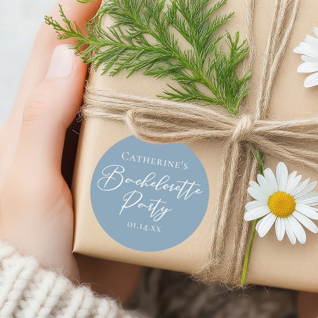 Dusty Blue Bachelorette Party Custom White Script Classic Round Sticker (Creator Uploaded)