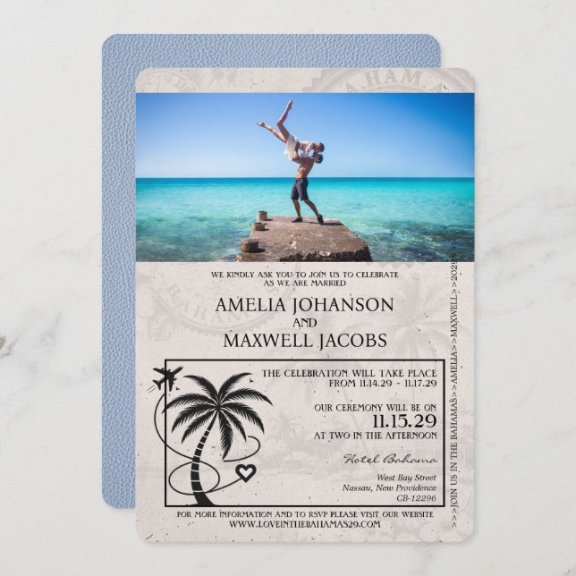Dusty Blue Bahamas Passport Wedding Invitation (Front/Back)