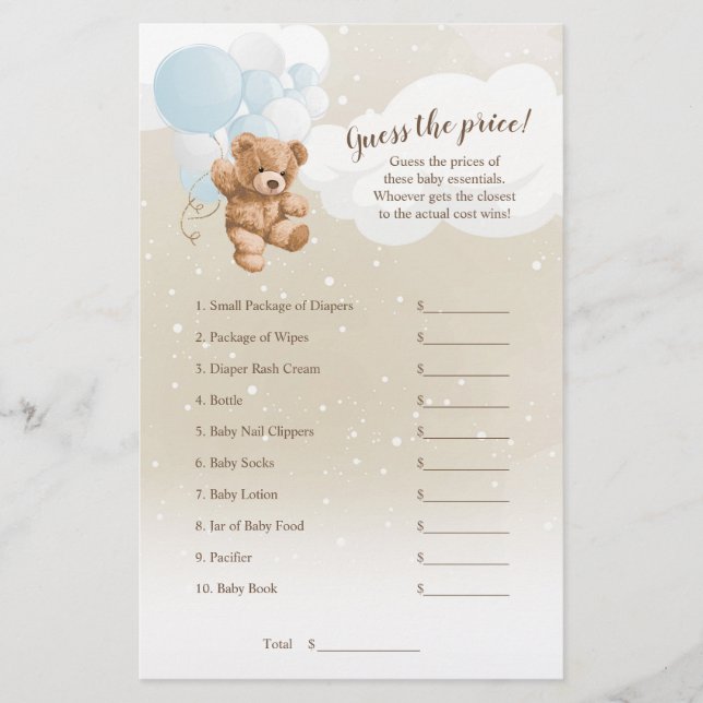 Dusty Blue Balloon Teddy Bear Guess The Price Game Flyer (Front)