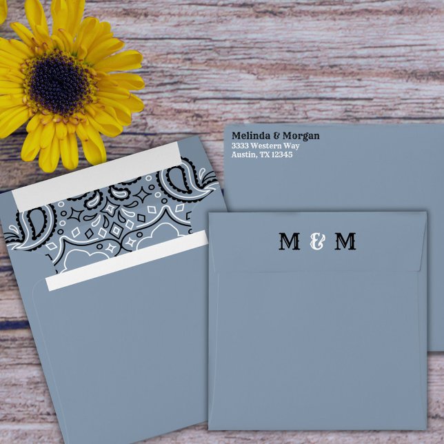 Dusty Blue Bandanna Monogram Envelope (Western Dusty Blue Monogram and Return Address Envelope with Bandana Print Lining.)