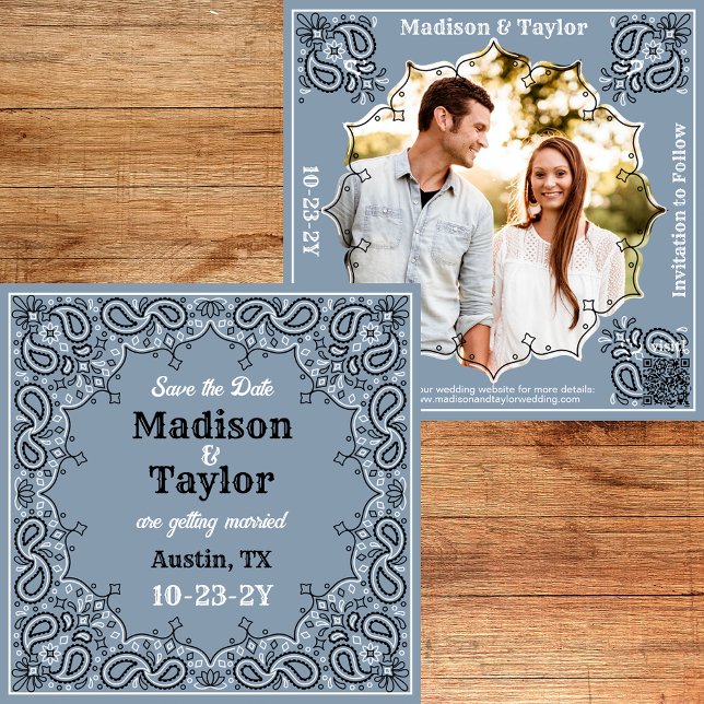 Dusty Blue Bandanna Photo Flat Save The Date Card (Dusty blue bandana Save the Date with your photo and a QR code.)