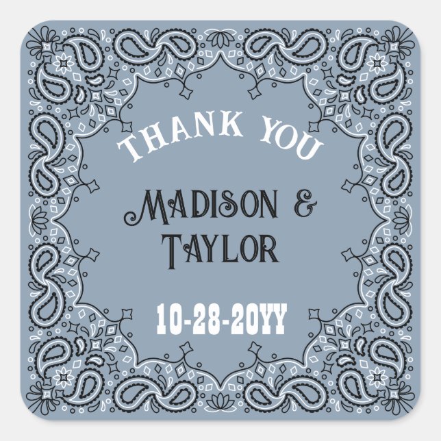 Dusty Blue Bandanna Thank You Western Wedding Square Sticker (Front)