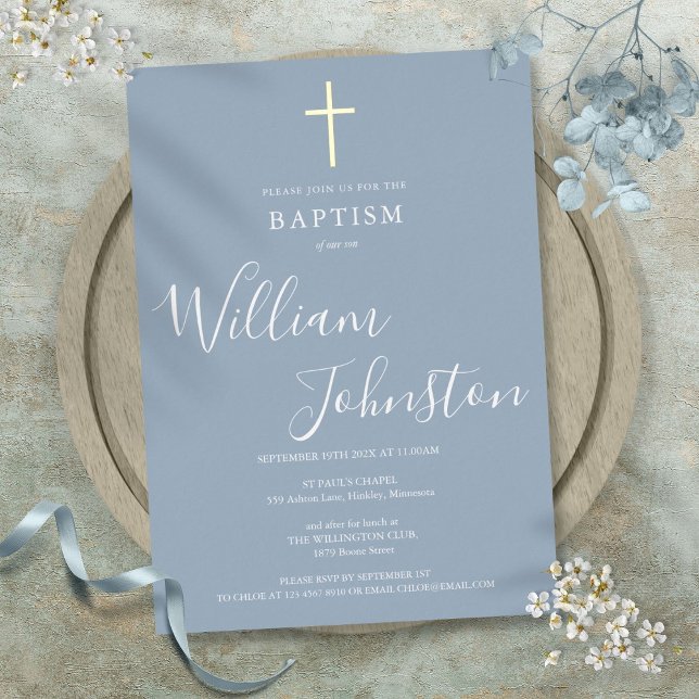 Dusty Blue Baptism Christening Elegant Gold Cross (Dusty Blue Baptism Christening Elegant Gold Cross Foil Invitation)
