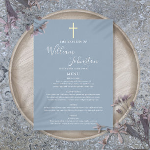Dusty Blue Baptism Christening Gold Foil Menu Card