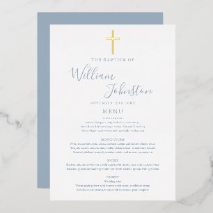 Dusty Blue Baptism Christening Gold Foil Menu Card