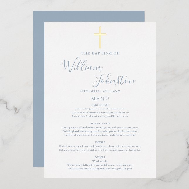 Dusty Blue Baptism Christening Gold Foil Menu Card (Front/Back)