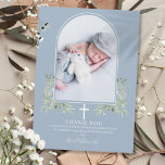 Dusty Blue Baptism Greenery Arch Photo Thank You Card<br><div class="desc">Modern baptism christening photo thank you card. Personalise with your photo and special baptism,  christening thank you message in chic white lettering on this modern elegant design featuring an elegant white arch and watercolor greenery foliage on a dusty blue background. Designed by Thisisnotme©</div>