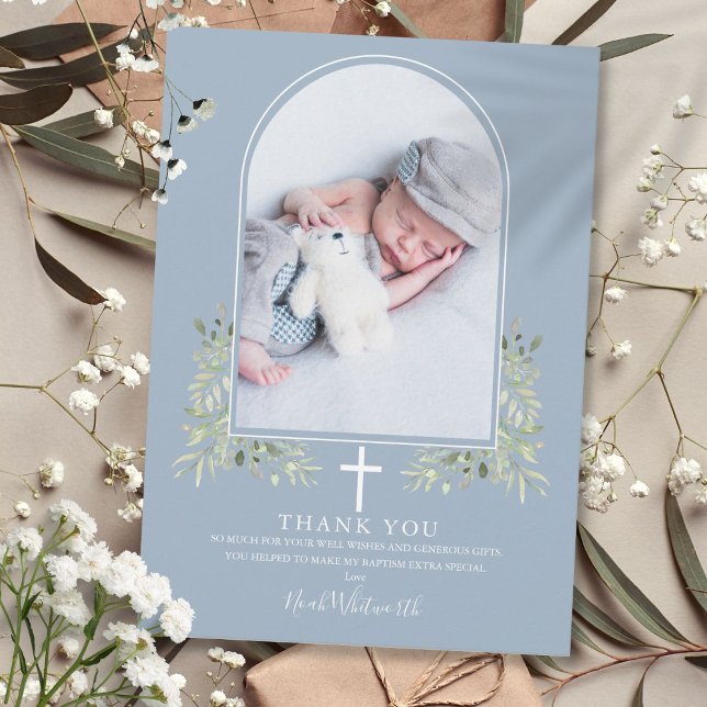 Dusty Blue Baptism Greenery Arch Photo Thank You Card (Dusty Blue Baptism Greenery Arch Photo Thank You Card)