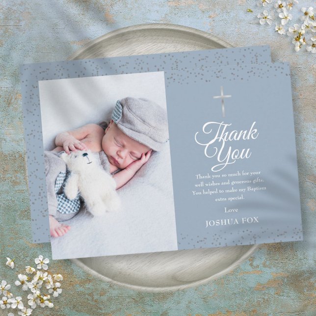 Dusty Blue Baptism Photo Silver Thank You (Dusty Blue Baptism Photo Silver Thank You)