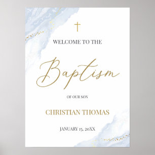 Dusty Blue Baptism Welcome Sign Poster, Gold Cross