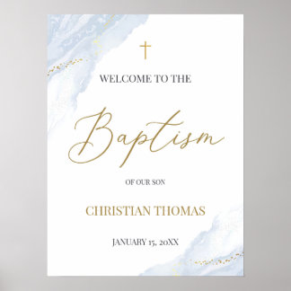 Dusty Blue Baptism Welcome Sign Poster, Gold Cross