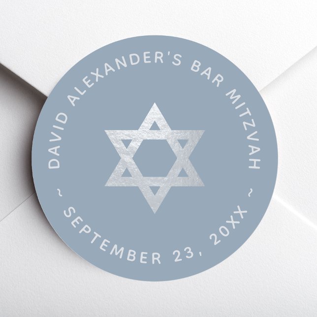 Dusty Blue Bar Mitzvah - Faux Silver Star of David Classic Round Sticker (Creator Uploaded)