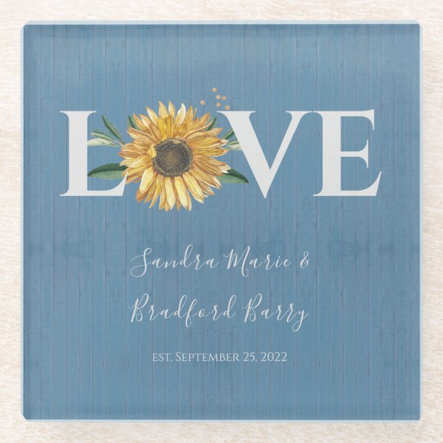 Dusty Blue Barn Wood, Golden Sunflower Wedding Glass Coaster (Front)