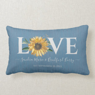 Dusty Blue Barn Wood, Golden Sunflower Wedding Lumbar Cushion