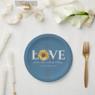 Dusty Blue Barn Wood, Golden Sunflower Wedding Paper Plate