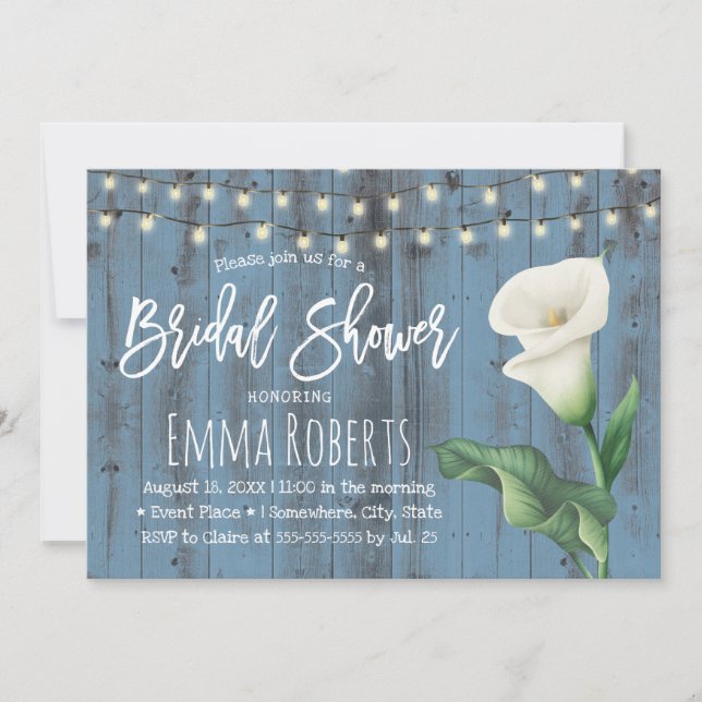 Dusty Blue Barn Wood Lily Flower Bridal Shower Invitation (Front)