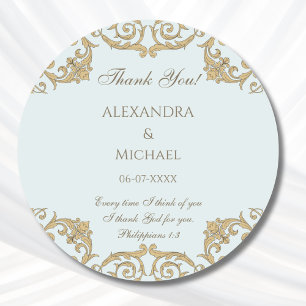 Dusty Blue Baroque Christian Wedding Thank You Classic Round Sticker