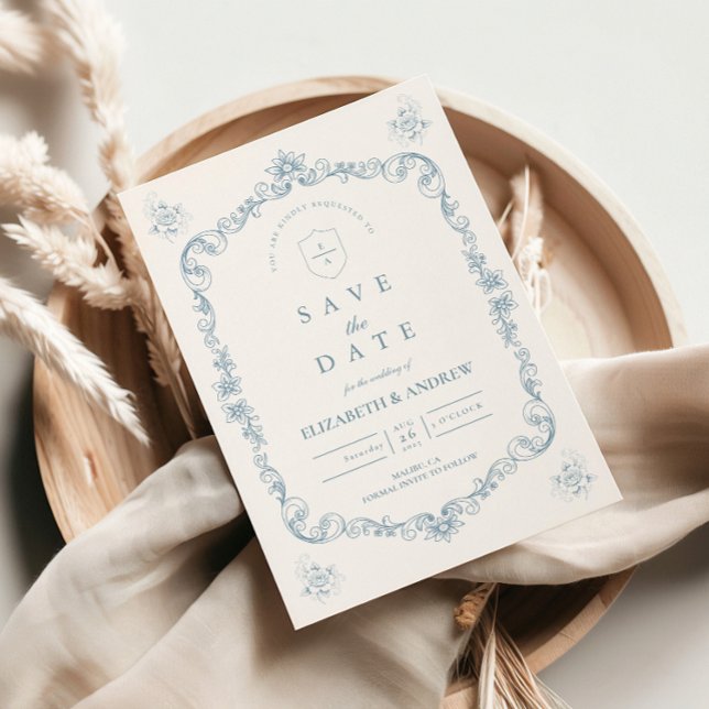 Dusty Blue Baroque Line Art Wedding Save The Date (Creator Uploaded)