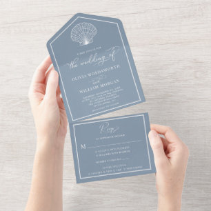 Dusty Blue Beach Seashell Coastal Wedding All In One Invitation