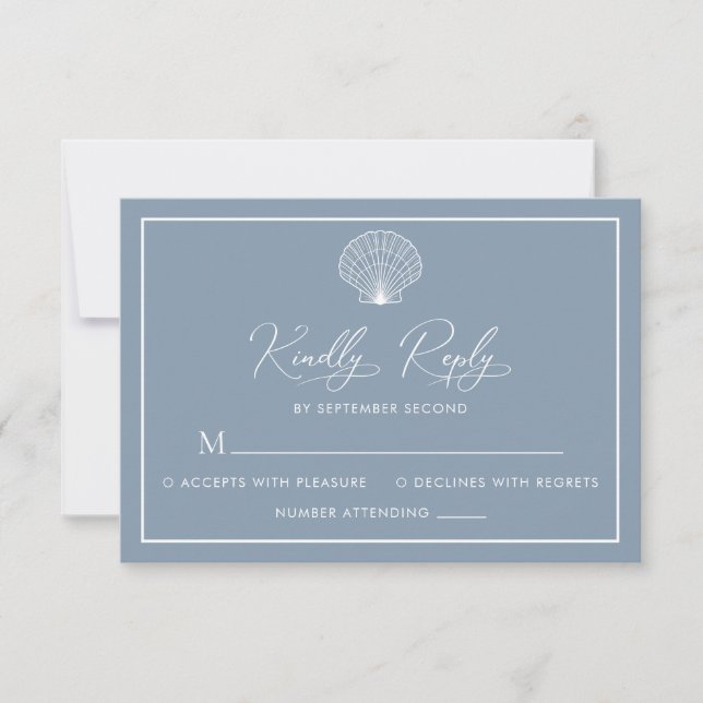 Dusty Blue Beach Seashell Elegant Wedding RSVP Card (Front)