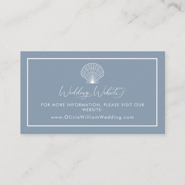 Dusty Blue Beach Seashell Wedding Website Enclosure Card (Front)