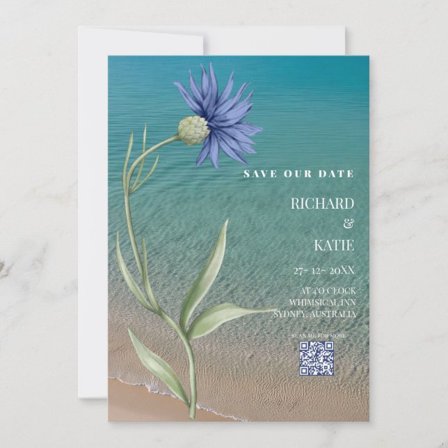 Dusty blue beach stylish Qr code wedding Invitation (Front)